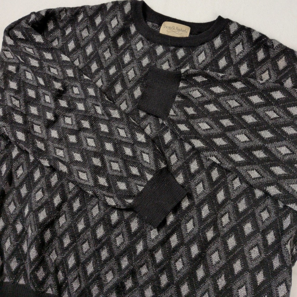 Vintage 90s Mens Wool Diamond Geometric Crewneck Sweater Black Grandpacore Prep